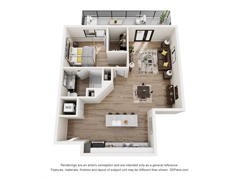 Floor plan for 1 bed, 1 bath, 890 sqft